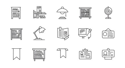 A modern collection of flat design icons representing library, study, and education themes, featuring bookshelves and lamps.