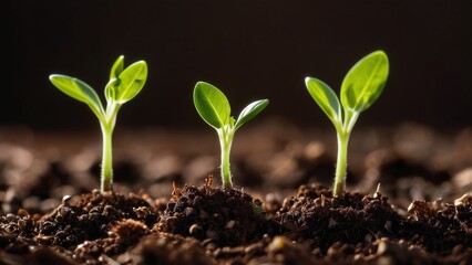 Three Young Green Seedlings Growing in Rich Soil Nature's Rebirth and New Beginnings
