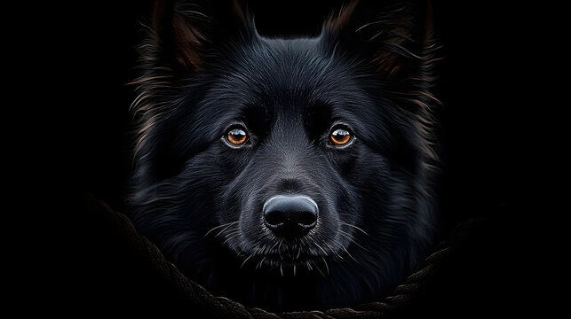 portrait d'un chien noir sur fond noir, yeux marrons, vu de face HD 8K ramzan wallpaper Photographic Image