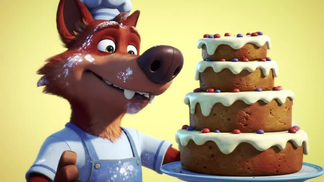 Animated cartoon wolf chef holding a delicious multilayered cake with berries and cream icing for commercial use