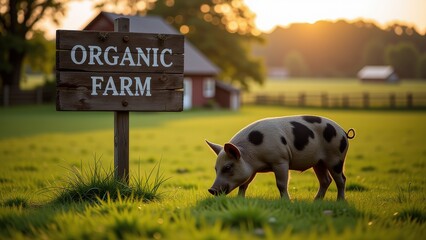 Organic Farm Piglet Grazing in Sunset Meadow Pasture A young pig enjoys a peaceful evening on an idyllic organic farm