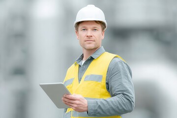 Fototapeta premium Construction worker wearing a yellow safety vest and white helmet, holding a tablet and looking confidently ahead at a building site.