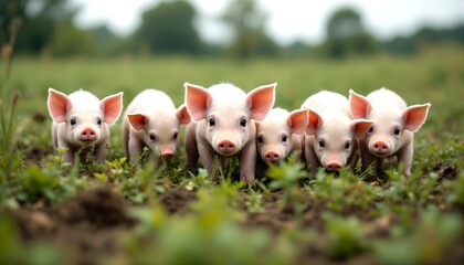 Adorable Pink Piglets Playing in a Lush Green Field a Delightful Scene of Young Pigs