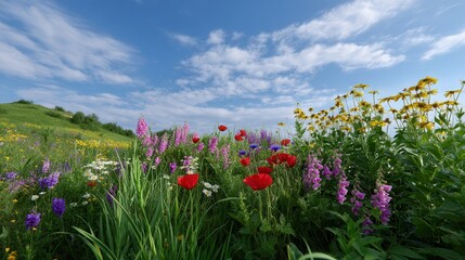 Vibrant meadow: A panoramic shot of a field brimming with colorful wildflowers swaying in the gentle breeze, under a brilliant blue sky dotted with fluffy clouds.