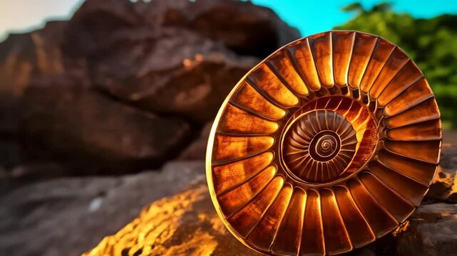 Golden ammonite fossil detail lit by the setting sun on rocky surface showing intricate shell spiral pattern and warm colors in natural outdoor setting