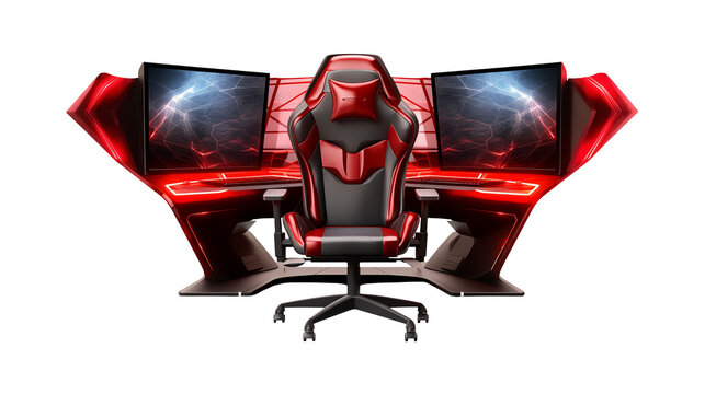 A gaming setup featuring a chair and three monitors with red lighting accents