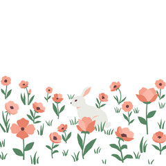A cartoon rabbit nestled amongst cartoon flowers and grass against a white background