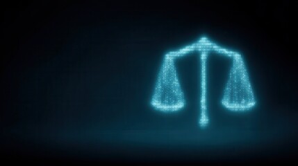 A glowing digital scale of justice made up of binary code floats on a dark background, symbolizing law, fairness, and technology.