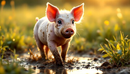 Adorable Piglet Playing in Mud Puddle at Sunset Golden Hour Farm Animal