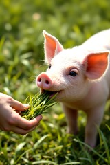 Adorable Pink Piglet Eats Fresh Green Grass in Sunny Meadow A Close Up Shot of a Happy Farm Animal
