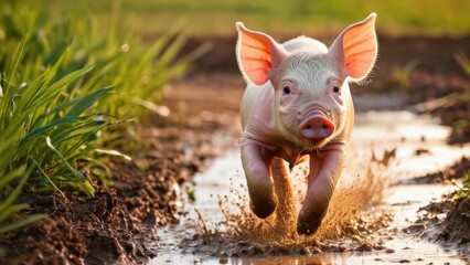 Adorable Pink Piglet Running Through Muddy Puddle in a Lush Green Field