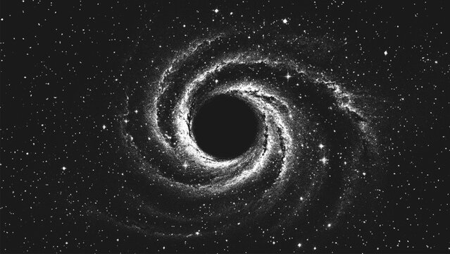 Amazing huge massive black hole surrounded by a cosmic nebula. Gravitational pull of the universe in a cosmic cloud storm of light and shadows. Dotwork. Pointillism. Dots shading. Vector illustration