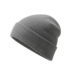 Gray knitted beanie hat isolated on transparent background