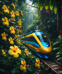 a modern futuristic train going through rainforest jungle with yellow hibiscus flower, time warp concept