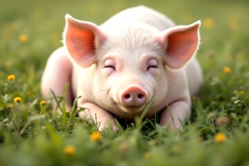 Adorable Pink Piglet Resting Peacefully in Lush Green Grass Field
