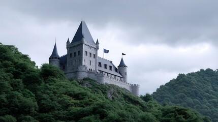 Obraz premium Castle in the clouds: An imposing stone castle stands proudly atop a verdant hill, its majestic spires piercing the overcast sky. This ancient structure, a testament to history.