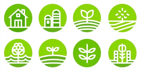 The green concept illustration of modern agriculture features an array of icons related to farm business, agricultural industry, harvesting, cultivation of crops, and sustainable farmland management