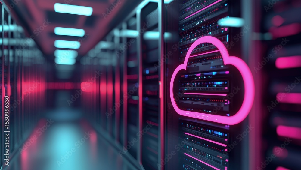 Fototapete Glowing pink cloud icon on modern server racks in a neon-lit corridor representing cloud infrastructure, secure data systems, and digital networking for technology platforms and services