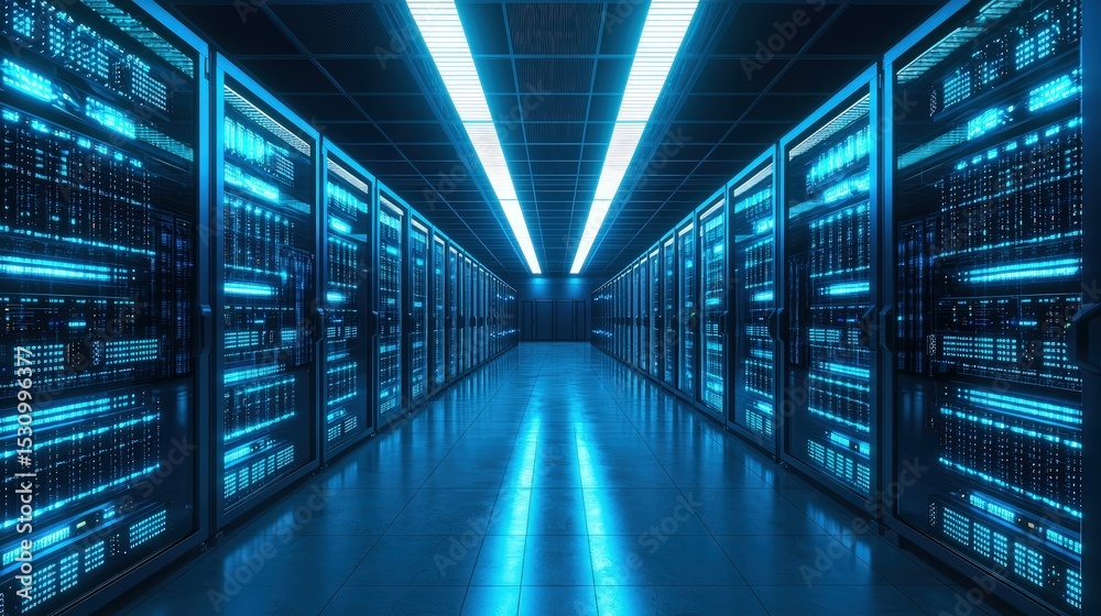 Poster symmetrical blue-lit server room with glowing hardware panels showcasing digital infrastructure, hig