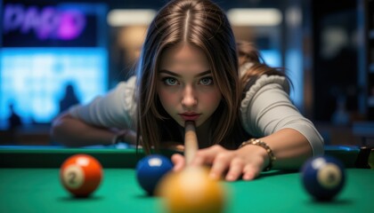 young woman playing pool billiard