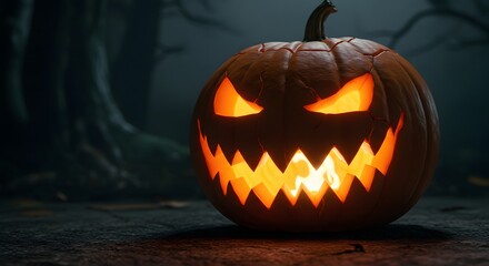 Fototapeta premium Glowing Jack O Lantern at Night in Forest - Halloween Background