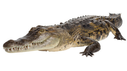 Naklejka premium A full body shot of a crocodile with its mouth closed and visible teeth on a black background
