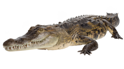 A full body shot of a crocodile with its mouth closed and visible teeth on a black background