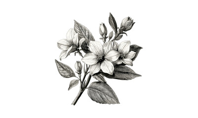 Engraving Vintage Flowering Branch of Visnea Mocanera, Botanical Illustration, Antique Nature Design, Floral Vector, Decorative Elements, Microstock Illustration, Nature Art, Hand-drawn Style.