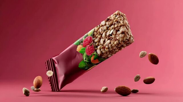 Healthy snack bar with nuts and berries, floating against pink background, showcasing vibrant packaging and crunchy ingredients.