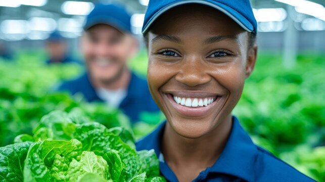 An African American greenhouse worker with glasses pushes a rack of crates containing a lettuce harvest, looking impressed amidst rows of vegetables, as a woman prepares delivery in a microgreens