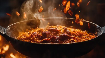 Spicy Food Photography: Delicious Wok Dish Cooking over Open Flame