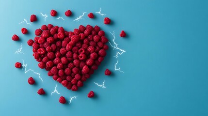 Raspberry Heart: A charming composition showcasing a heart meticulously crafted from vibrant raspberries against a refreshing backdrop. Expressing affection, passion.