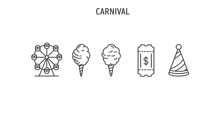 Carnival and amusement park line icon set. Vector graphic elements including a Ferris wheel, clown, and cotton candy for festival design projects.