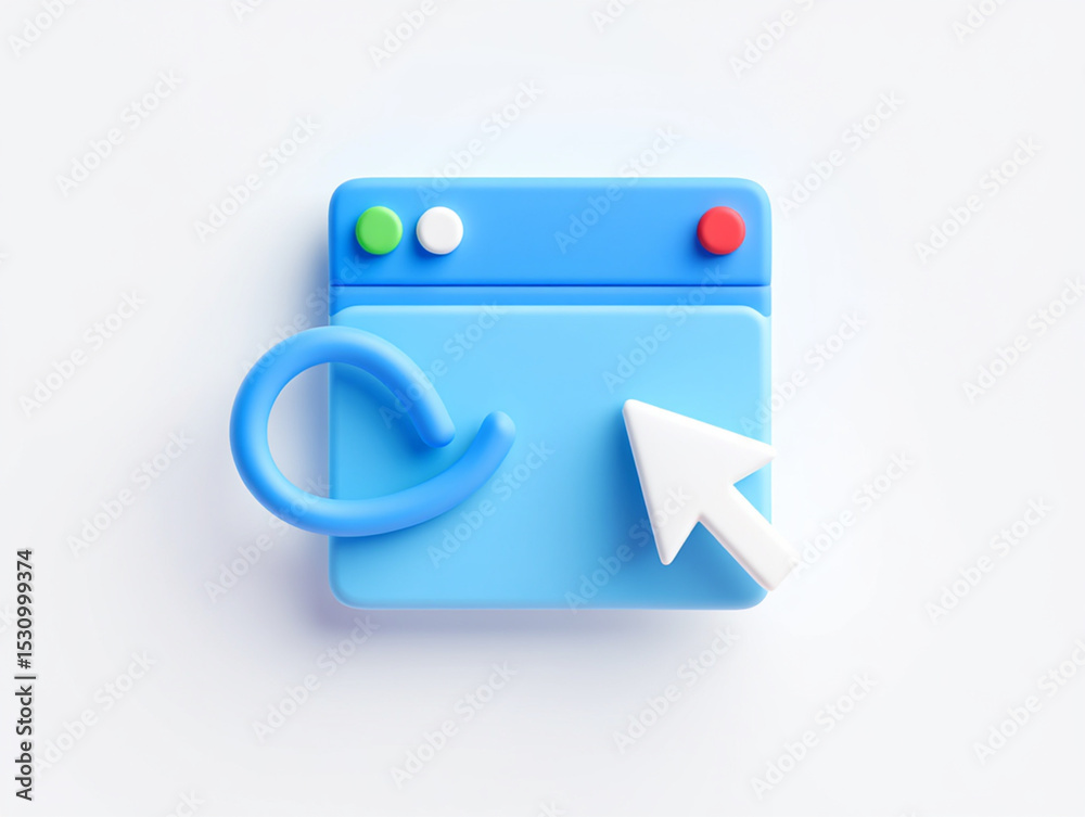 Poster 3d render of a blue web browser icon with cursor and refresh symbol