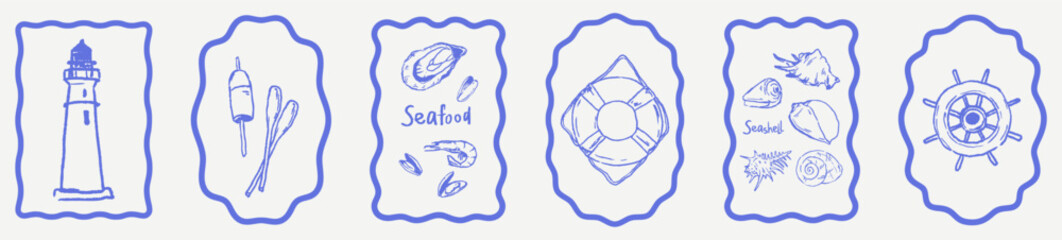 Summer chalk nautical poster set. Hand drawn marine wall print with rough crayon sketched elements. Coast sea vacation doodle vector illustrations for placard, invitation, menu. Lifebuoy, ship wheel.