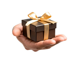 hand holding gift box isolated on white