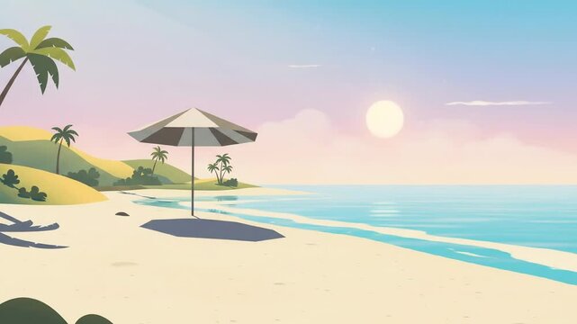 Animated illustration of a scenic coastal beach with palm trees a striped parasol and a tranquil ocean during the day
