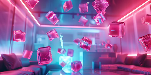 Vibrant Lounge with Floating Pink Ice Cubes and Neon Blue Magenta Lights in a Futuristic Atmosphere

