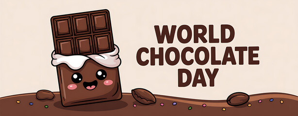 World Chocolate Day: Cute cartoon chocolate bar and melting treat. Chocolate Day Banner. 