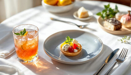 Elegant cocktail and gourmet appetizer on white linen, bathed in soft natural light.









