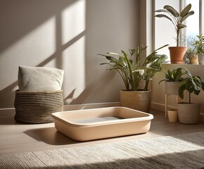 Fototapeta na wymiar Cat litter tray in minimalist scandinavian interior with houseplants woven baskets and natural sunlight creating stylish pet friendly home design.