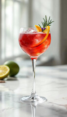 Elegant cocktail in crystal glass on marble, with vibrant colors and soft natural light.









