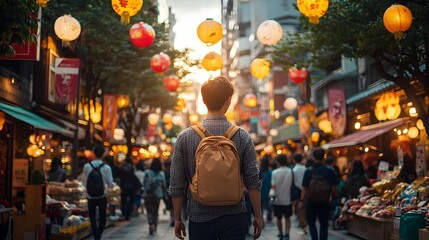 Obraz premium Bustling scene of a festival with elaborately decorated paper lanterns and lively crowds of shoppers along a vibrant urban shopping street