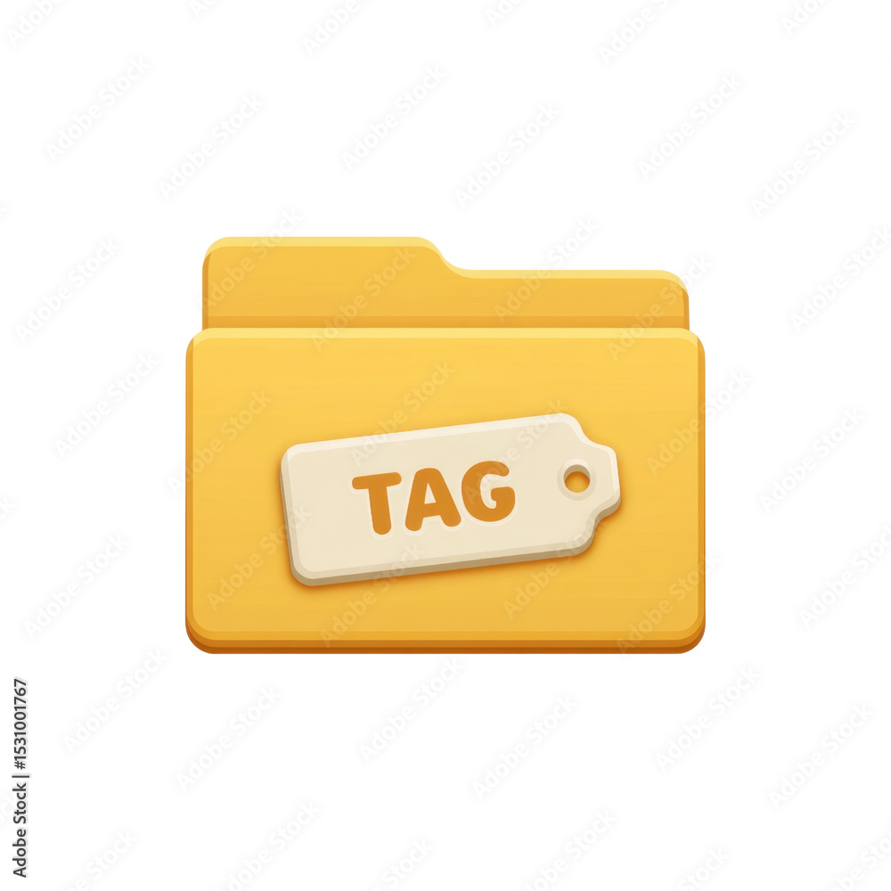 Poster yellow folder with tag label for document organization and digital file management concept transpare