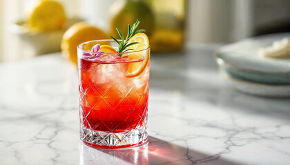 Elegant cocktail in crystal glass on marble, with vibrant colors and soft natural light.










