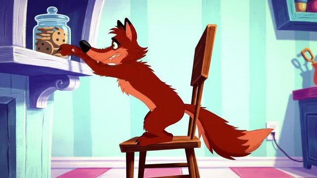 Animated red wolf reaching for cookies in a jar charming cartoon character illustration