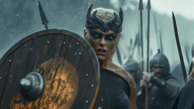 Snow falls on a battlefield as a blonde valkyrie warrior woman with black makeup and a winged helmet holds a round shield, protecting herself from enemy attacks