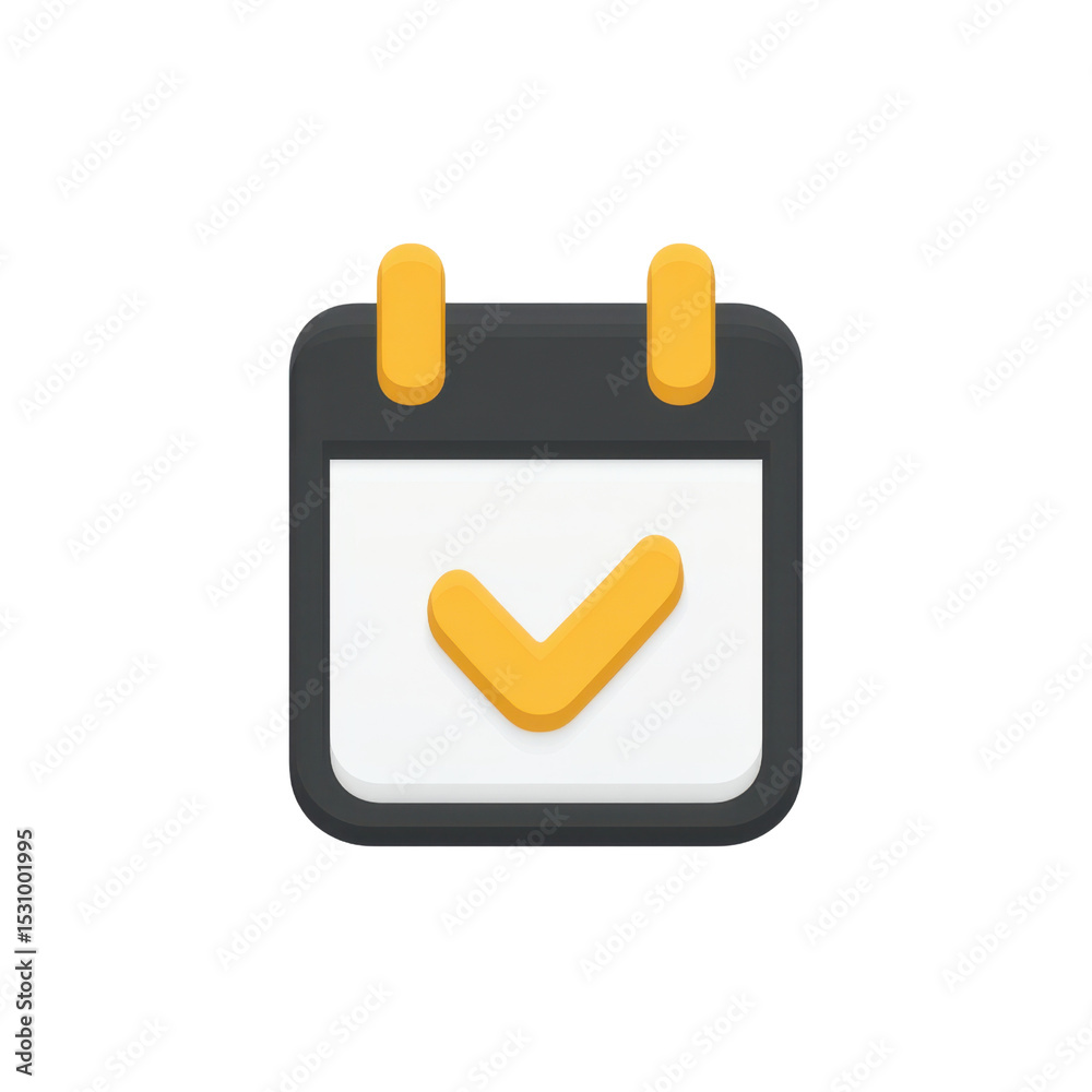 Poster modern calendar icon with checkmark for scheduling and time management in digital applications trans