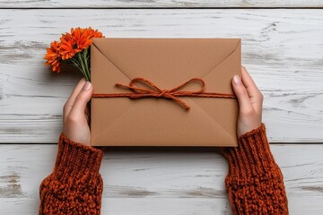Hands Holding a Brown Envelope with Orange Flowers on Rustic White Wood