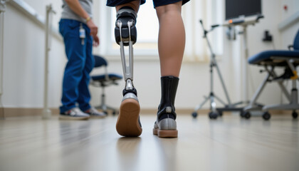 Closeup of leg prosthesis walking in rehabilitation room with therapist in background showing determination and progress